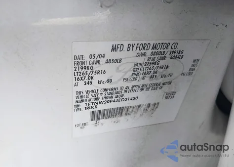 2004 Ford F-250 King Ranch/Lariat/Xl/Xlt из США, поврежденный, VIN 1FTNW20P44ED31430